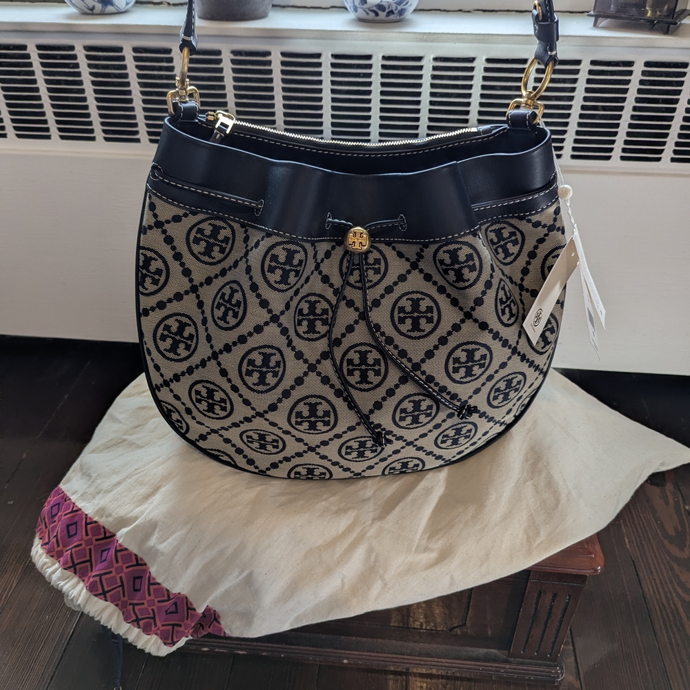 Tory Burch Navy Monogram Drawstring Hobo Bag NWT!